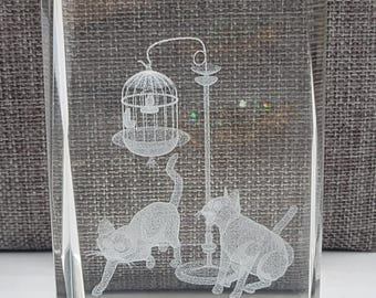 Vintage Paperweight Kittens Cats Bird Cage  Laser Etched 3D Crystal Glass