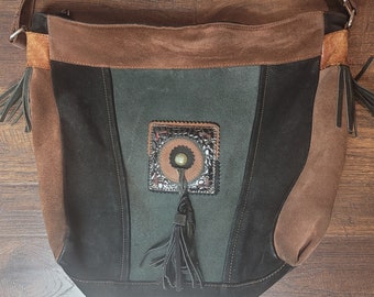 Vintage Brown Green Suede Leather Handbag Tote Large Shoulder Boho Hippie Western