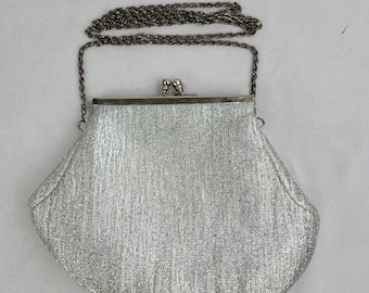 Vintage Grey Silver Clutch bag, Purse with chain, Womens clutch purse kiss lock