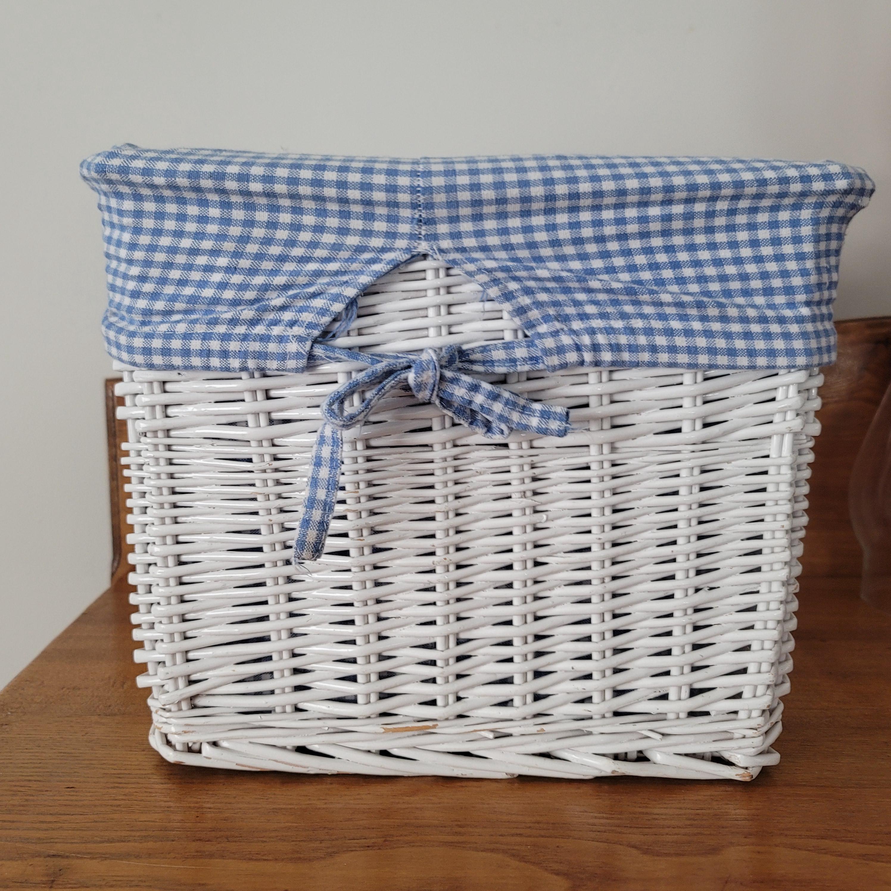 Vintage White Wicker Basket Blue Gingam Liner Square 11 Inch - Etsy