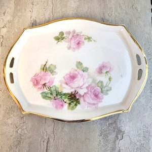 Vintage CT Wasser Pink Floral Double Handle Porcelain Tray with Gold Trim 10&quot;