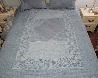 Vintage Chenille Blue Fringe Bedspread Queen with Shams  90 in by 72 in