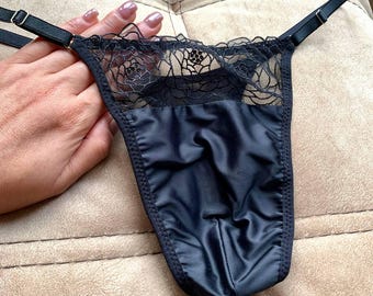 Tangas para hombre, Tanga de lujo negra de satén con encaje para hombre, Tanga suave de encaje para hombre, Tanga suave para hombre, Un regalo para él, Set de regalo de alta calidad