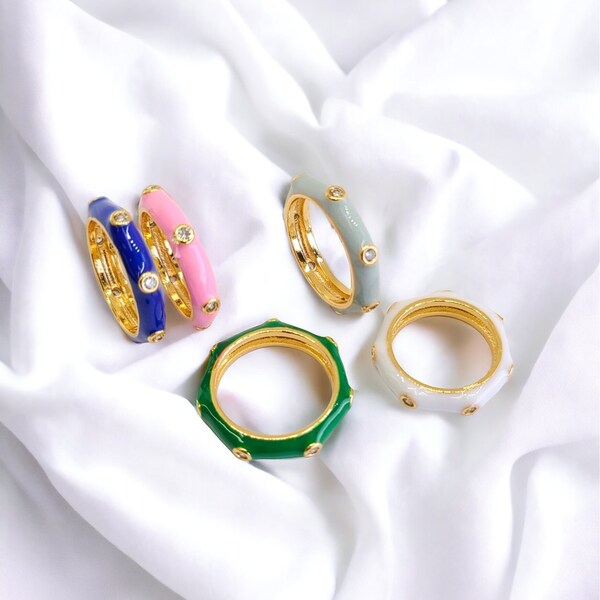 Stackable enamel rings with crystal details