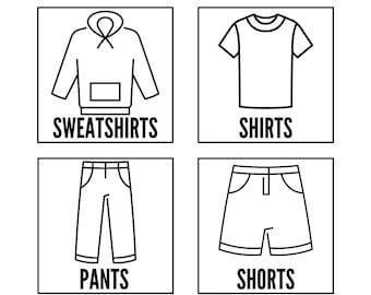 May include: Black and white line drawings of different types of clothing, including sweatshirts, shirts, trousers, shorts, pyjamas, and underwear.
