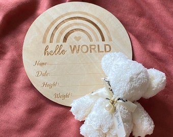 Hello World Wooden Disc, Baby Arrival Announcement, Milestones Photo Prop, Baby Keepsake Gift, New Baby Gift, Rainbow Baby.