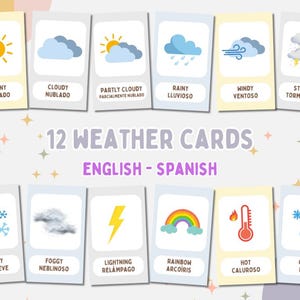 Cartes mémoire imprimables météo bilingues | Cartes Flash éducatives anglais espagnol | Cartes numériques de vocabulaire | Téléchargement instantané