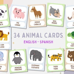 Bilingual Animal Printable Flashcards | English Spanish Vocabulary Flash Cards | Simple Digital Educational Cards