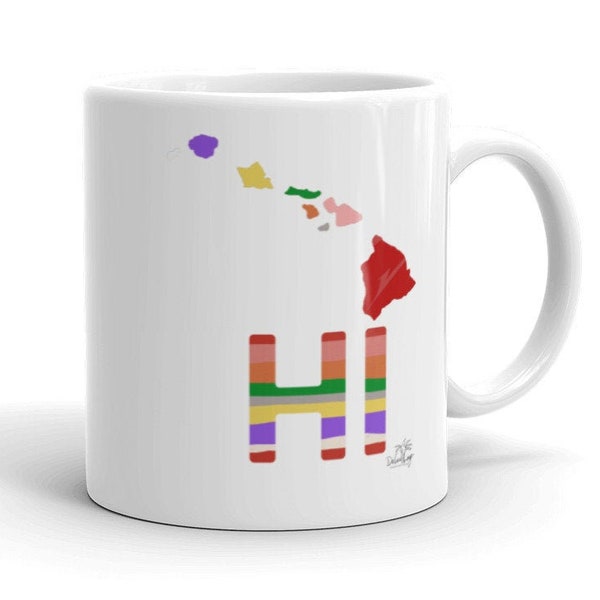 HAWAIIAN ISLANDS Mug HI, 11 ounce high quality ceramic mug with glossy finish, Colorful design representing each island, great gifts!