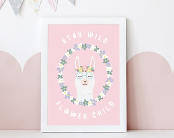 Stay Wild Flower Child Llama Wall Print, Boho Floral Decor, Nursery Art, Inspirational Poster