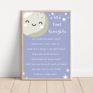 Bed Time Thoughts Kids Wall Print Niebieski, Dziecięca wdzięczność Wall Art, Motywujący cytat, Inspirujące dzieci, Wystrój pokoju dziecięcego, Sypialnia dziecięca, A4, A5