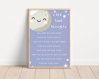 Bed Time Thoughts Kids Wall Print Blue, Kids Gratitude Wall Art, Motivational Quote, Inspiring Kids, Nursery Decor, Kids Bedroom, A4, A5
