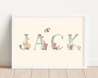 Personalised Kids Woodland Print, Custom Name Print, Woodland Nursery, Kids Wall Art, Personalised Kids Gift
