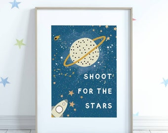 Shoot For The Stars Space Themed Kids Wall Print, Space Print, Affirmation Wall Art, Positive Quotes, Bedroom, Nursery, Playroom, Blue