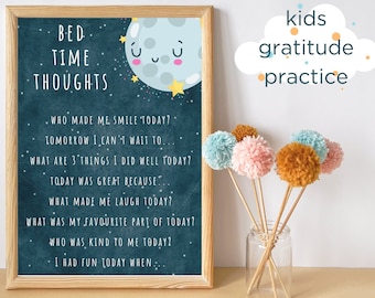 Bedtime Thoughts Kids Mindfulness Print, Kids Gratitude Practice, Positive Wall Art Children's Bedroom, Night Time Routine