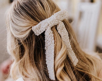 Bailey Pearl Hair Bow - Pearl Bow Barrette Wedding Hairpiece - Pearl Wedding Bow - Luxury Hairpiece for Bridal Showers, Bachelorette Party