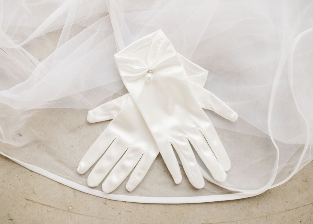 Alice Ivory Bridal Gloves White Satin Gloves With Pearl Accent Tea