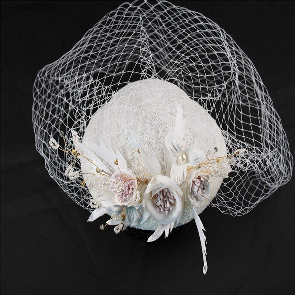 Marilyn Vintage Wedding Fascinator - Birdcage Veil - Wedding Hat - Romantic Floral Hairpiece - Pink and White Floral Vintage Birdcage Veil