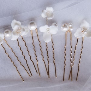 Paloma Pearl Flower Hair Pins - Set of 6 Floral Bridal Hair Pins - White Porcelain Bridal Hair Accessory - White Floral Wedding Hair Pins