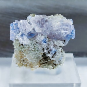 May include: A cluster of blue and purple crystals on a gray rock. The crystals are translucent and have a glassy luster.