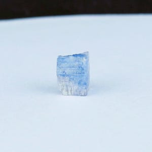 May include: A small, rectangular, raw blue kyanite crystal. The crystal has a layered appearance with shades of light and dark blue, and white. The kyanite is standing upright against a white background.