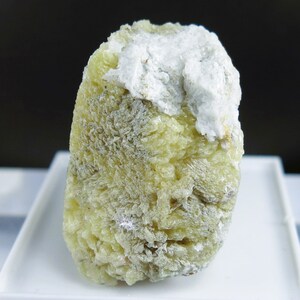 May include: A yellow and white mineral specimen with a rough, crystalline texture. The mineral is on a white display stand.