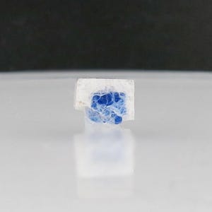 May include: A small, white, rectangular object with a vibrant blue, textured design in the center. The object is set against a blurred, dark background and a reflective white surface.