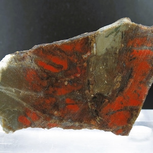 May include: A rough, irregularly shaped piece of red jasper with brown and white markings. The jasper has a mottled appearance with streaks of red, brown, and white.