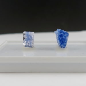 May include: Two small, rough-cut blue mineral specimens are displayed on a white rectangular plastic stand. The left specimen is a pale, translucent blue, while the right specimen is a deeper, more opaque, and vibrant blue with a jagged, crystalline texture.