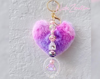 Kawaii Melody Bag Charm with Fuzzy Heart, Anime inspired Bag Accessory, Kawaii Gift , Beaded Phone Charm, Key chain/ small gift idea