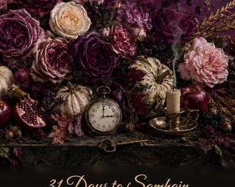 May include: A dark floral arrangement with deep purple and cream roses, pumpkins, a pomegranate, a brass pocket watch, a lit candle, and a key. The text reads: 31 Days to Samhain, A GENTLE OCTOBER JOURNEY, THE SAMHAIN COLLECTION, THE PURPLE DOOR MERCANTILE.