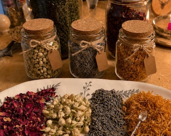 Witch Herb Apothecary Set, Three Glass Jars and a Crystal Topped Tea Spoon
