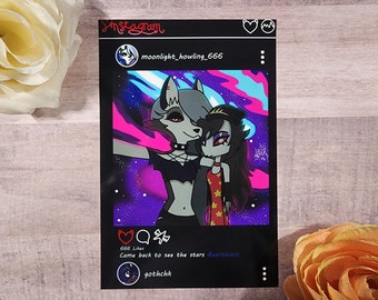 Könnte beinhalten: Instagram-Post mit zwei Comicfiguren, einem Wolf und einer Frau, vor einem bunten Galaxie-Hintergrund. Die Bildunterschrift lautet "Come back to see the stars #earthshit".