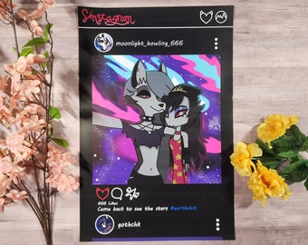 Könnte beinhalten: Eine digitale Illustration von zwei Comicfiguren, ein Wolf und eine Frau, die vor einem bunten Galaxie-Hintergrund für ein Selfie posieren. Die Bildunterschrift lautet "Came back to see the stars #earthshit".