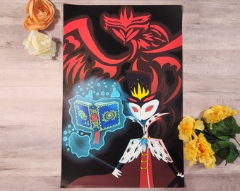 Könnte beinhalten: Eine schwarz-rote Illustration einer Figur, die eine Krone und eine schwarz-weiße Robe trägt und ein blaues und goldenes Buch mit einem roten Edelstein in der Mitte hält. Die Figur steht vor einem roten und schwarzen Phönix.