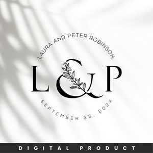 May include: A black and white wedding monogram with the initials "L&P" surrounded by a circle with the text "Laura and Peter Robinson September 25, 2022".