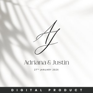 May include: A white background with a shadow of a palm leaf. The text "Adriana & Justin" is in black font with the date "27th JANUARY 202X" below it. The initials "AJ" are in a cursive font above the text.