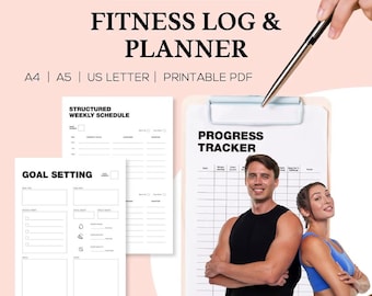 May include: Printable fitness log and planner with a structured weekly schedule, goal setting section, and progress tracker. The planner is designed for A4, A5, and US Letter sizes.