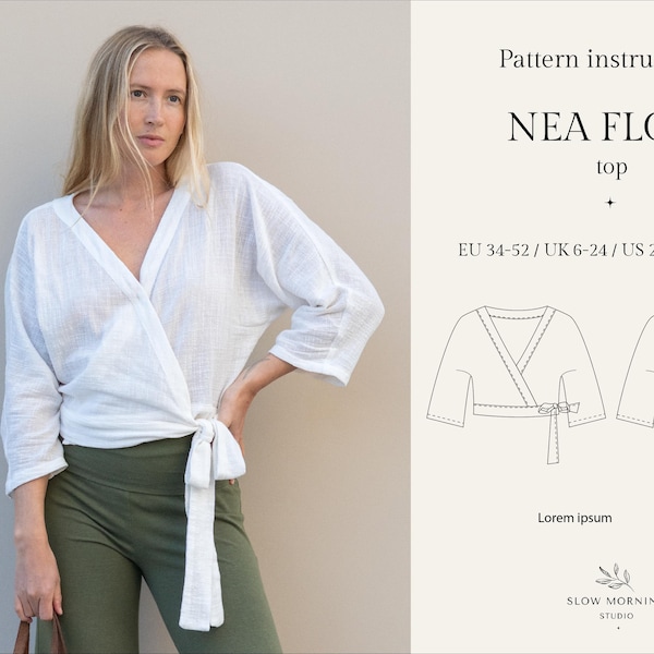 Digital sewing pattern, Digital PDF sewing pattern for women, Wrap top sewing pattern for women, Shirt sewing pattern, Yoga top pattern