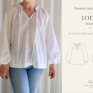 May include: A white eyelet blouse with long sleeves and a V-neck, paired with blue jeans. The blouse features a drawstring neckline. The image also includes a pattern instruction sheet for a "LOTTA" blouse, with sizing information.