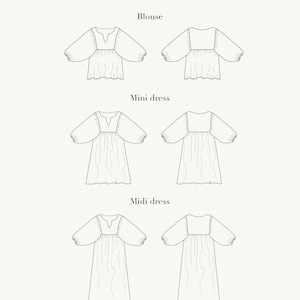 May include: Line drawing illustration of a Milla pattern sewing pattern for a blouse, mini dress, and midi dress. The pattern includes three different length options. The text "Milla pattern" and "Slow Morning Studio" are included in the image.