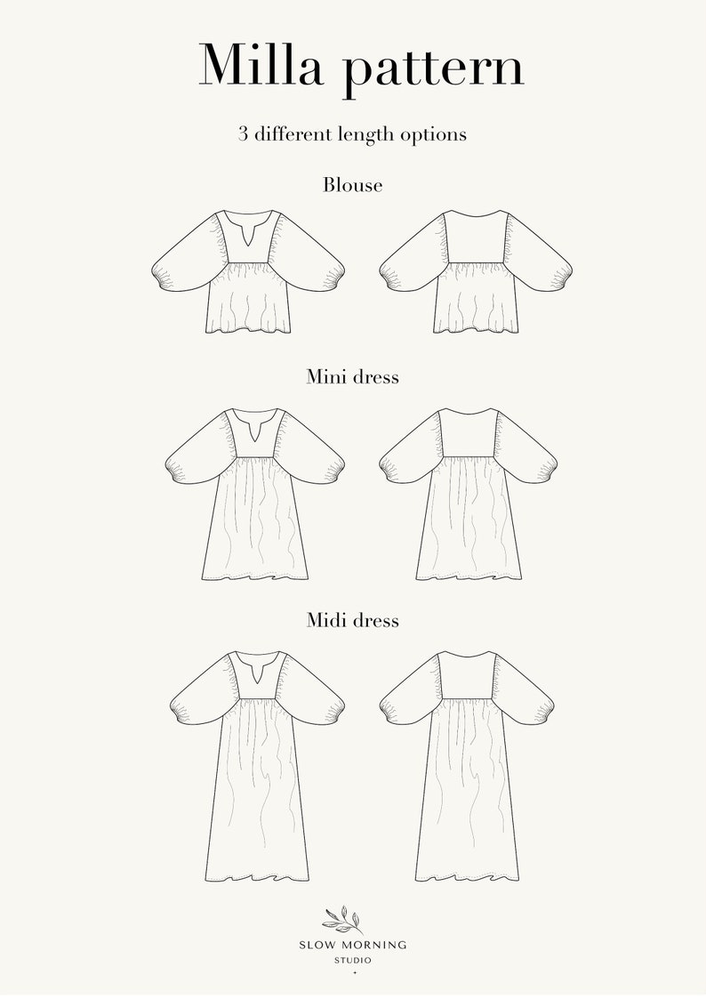 May include: Line drawing illustration of a Milla pattern sewing pattern for a blouse, mini dress, and midi dress. The pattern includes three different length options. The text "Milla pattern" and "Slow Morning Studio" are included in the image.