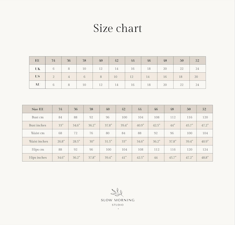 May include: Size chart for clothing with measurements in both inches and centimeters. The chart includes sizes EU 34 to 52, UK 6 to 24, US 2 to 20, and AU 6 to 24. Measurements are provided for bust, waist, and hips.