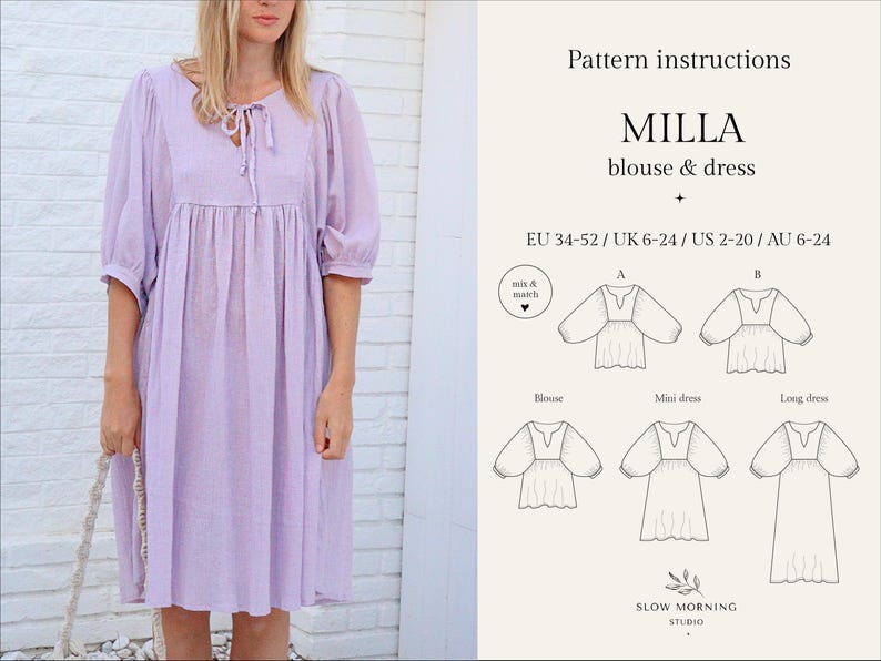 May include: A sewing pattern for a Milla blouse and dress. The pattern includes instructions for three different lengths: blouse, mini dress, and long dress. The pattern is available in sizes EU 34-52, UK 6-24, US 2-20, and AU 6-24.