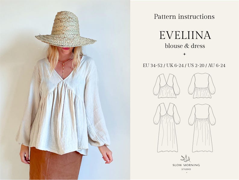 May include: A sewing pattern for a blouse and dress called "Eveliina". The pattern includes instructions for sizes EU 34-52, UK 6-24, US 2-20, and AU 6-24. The pattern is illustrated with line drawings of the blouse and dress.