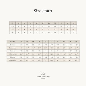 May include: Size chart for clothing in UK, US, EU, and AU sizes. The chart shows bust, waist, and hip measurements in both inches and centimetres.