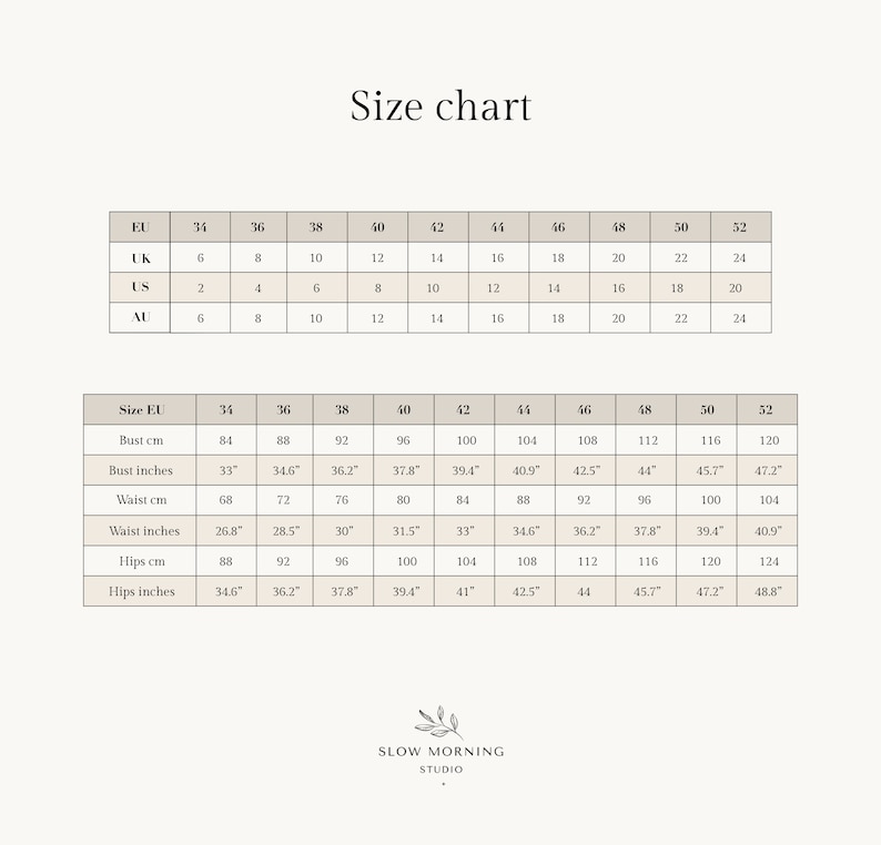 May include: Size chart for clothing in UK, US, EU, and AU sizes. The chart shows bust, waist, and hip measurements in both inches and centimetres.