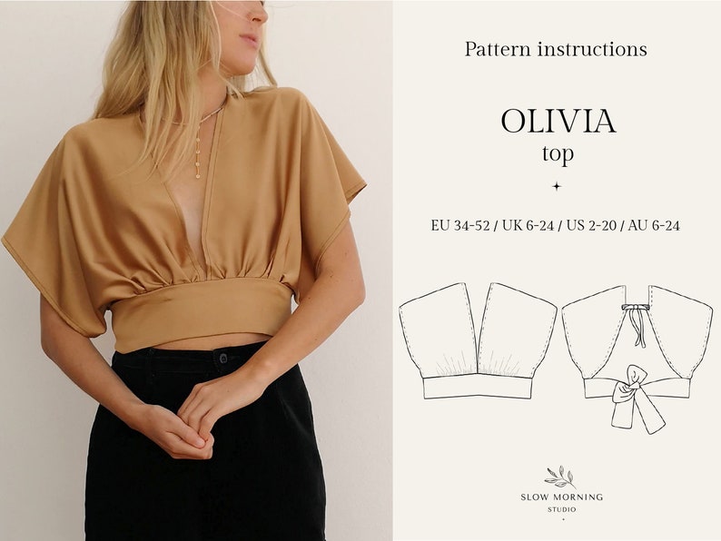 Pu&ograve; includere: Un cartamodello per una blusa da donna chiamata "Olivia" con un profondo scollo a V e un fiocco sul retro. Il cartamodello include istruzioni per le taglie EU 34-52, UK 6-24, US 2-20 e AU 6-24.