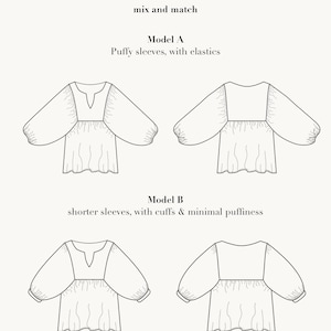 May include: Line drawing pattern for a Milla top with two sleeve options: puffy sleeves with elastic and shorter sleeves with cuffs. The pattern includes instructions for mixing and matching the sleeves. The text "Milla pattern" and "Slow Morning Studio" are included in the image.