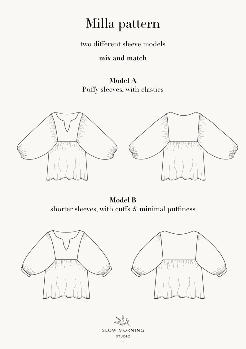 May include: Line drawing pattern for a Milla top with two sleeve options: puffy sleeves with elastic and shorter sleeves with cuffs. The pattern includes instructions for mixing and matching the sleeves. The text "Milla pattern" and "Slow Morning Studio" are included in the image.